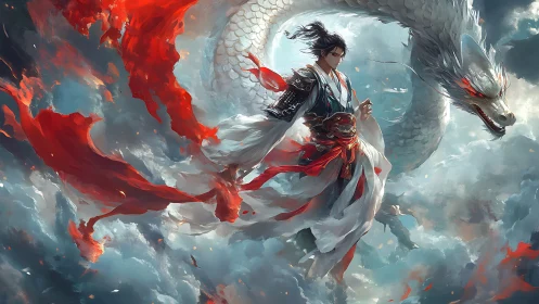 Warrior in flowing robes with white dragon in storm clouds.
