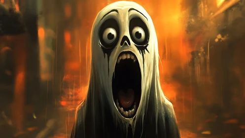 Elongated spectral figure screams amid blurred infernal backdrop