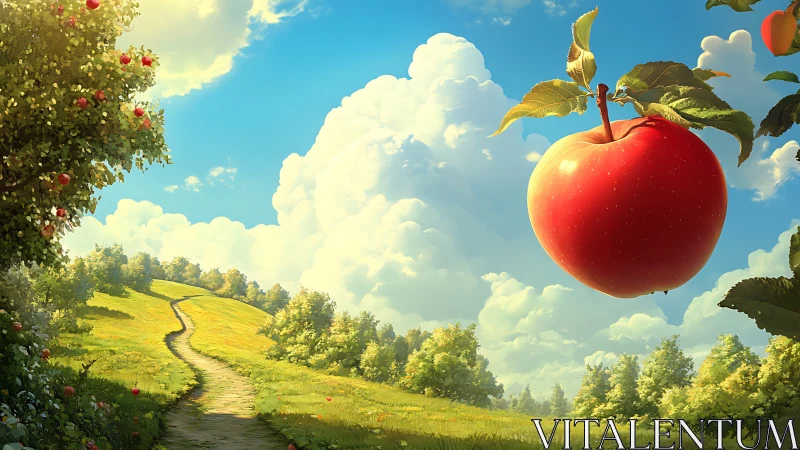 Large red apple floats over a sunlit rural landscape