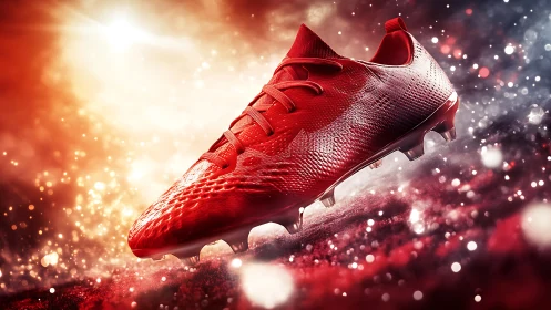 3D product render of red football boot in dynamic bokeh field.