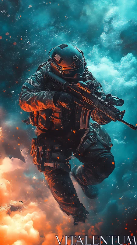 Armored soldier advancing through vivid explosive clouds.