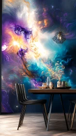 Cosmic nebula wall mural in contemporary dining interior design
