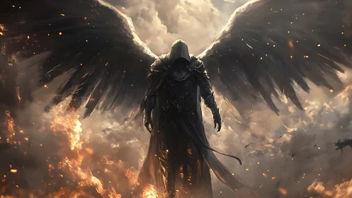 Shadow-winged guardian rising through storm and embered sky.