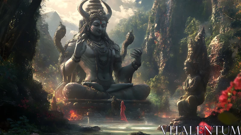Colossal Shiva statue dominates misty jungle shrine environment