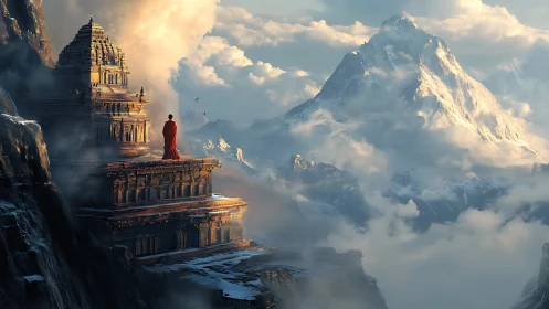 Monk in crimson gazes toward a sunlit kingdom of peaks.