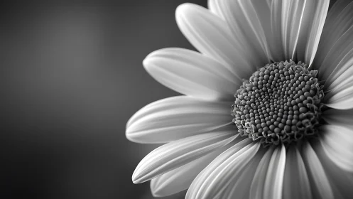 Monochrome daisy macro with shallow depth and soft bokeh.