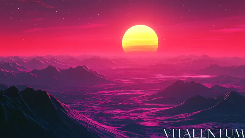 Neon mountains exhale under a colossal candy-colored sun