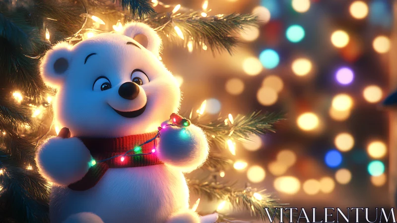 Cartoon polar bear with holiday lights near tree branches.