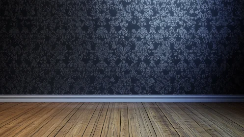Dark floral textured wall with directional wood plank flooring.