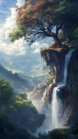 Clifftop dreamtree spills waterfalls into a misty valley