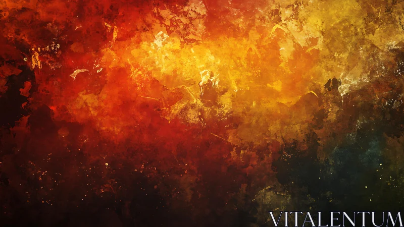 Abstract fiery burst with textured paint splashes in warm tones.