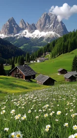 Sunlit alpine meadow and cozy wooden cabins in bloom.
