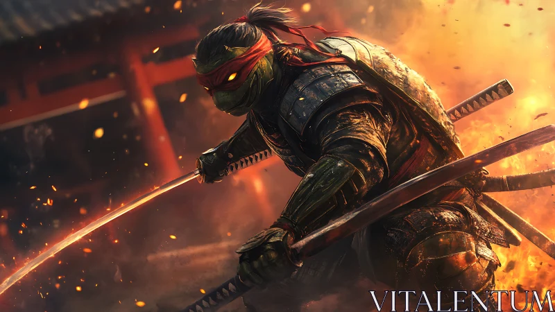 Anthropomorphic turtle warrior with katana in fiery combat scene.
