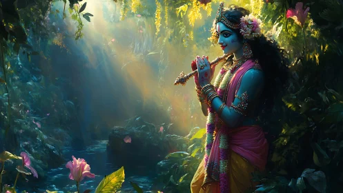 Blue-skinned deity plays flute amid lush forest light.