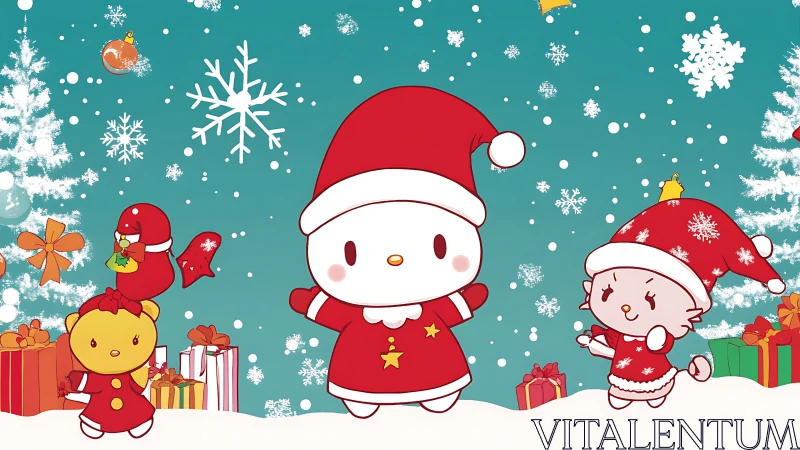 Cartoon characters in red Christmas outfits with gifts in snow.