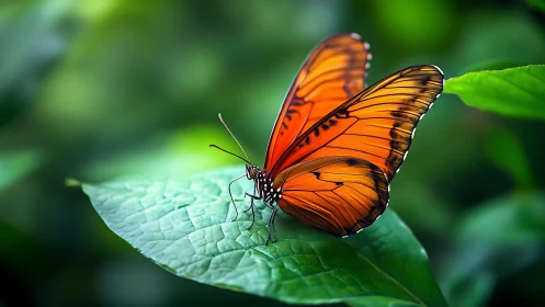 Ember-winged butterfly resting on a dew-bright jungle leaf.
