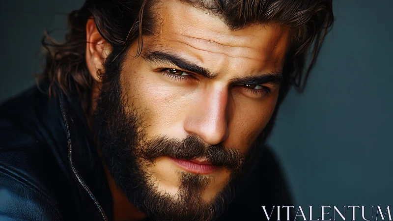 Bearded man portrait with intense focused gaze.