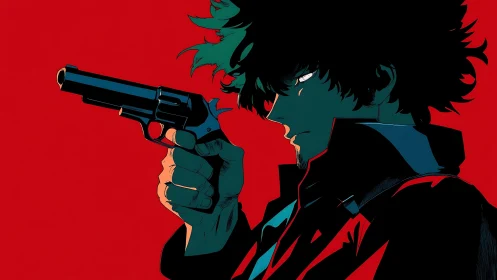 Stoic gunman in profile raises pistol against red backdrop