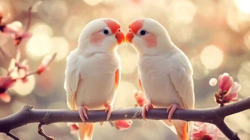 Two White Lovebirds on a Blossom Branch, Soft Pastel Photography.