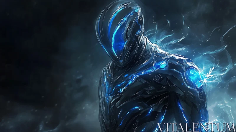 Luminescent cyber warrior emerging from swirling voids.
