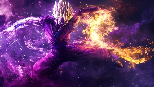 Fiery anime warrior unleashes power in neon cosmic storm