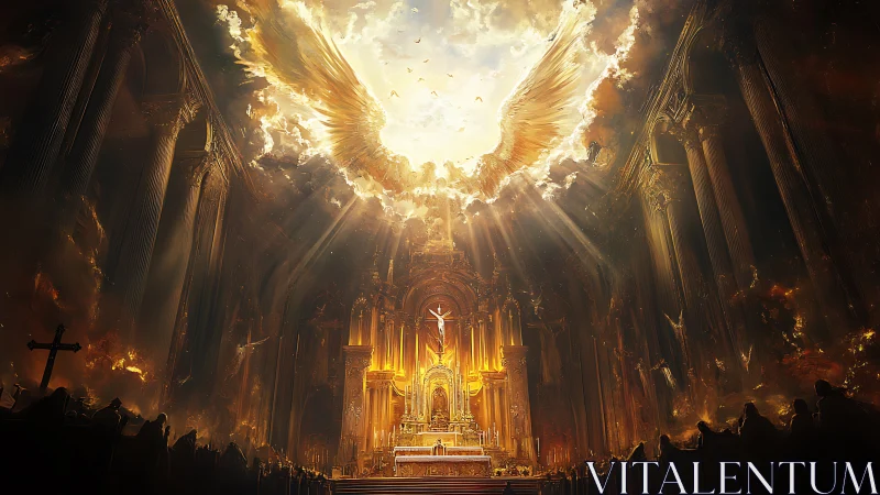Golden cathedral interior opens to radiant winged heavens