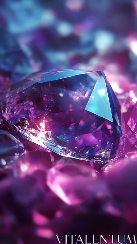 Violet crystal gemstone rests in glowing bokeh field