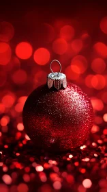 Macro close-up of glitter red Christmas bauble with bokeh lights
