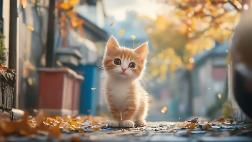 Ginger kitten watches autumn street with curious expression.