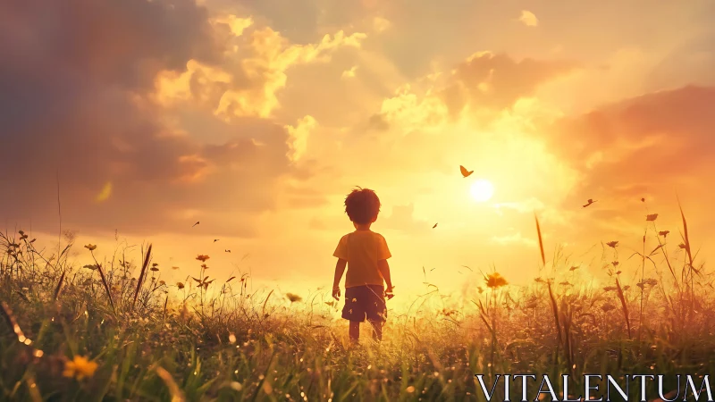 Golden hour wonder surrounds a child in a glowing meadow