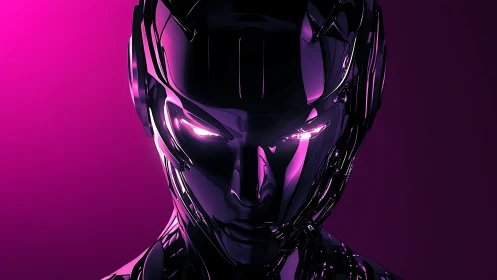 Front view metallic humanoid robot head in magenta light.