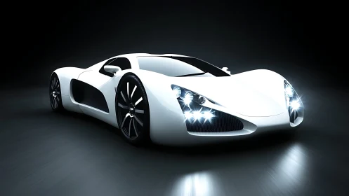 White concept sports car is rendered on dark reflective ground
