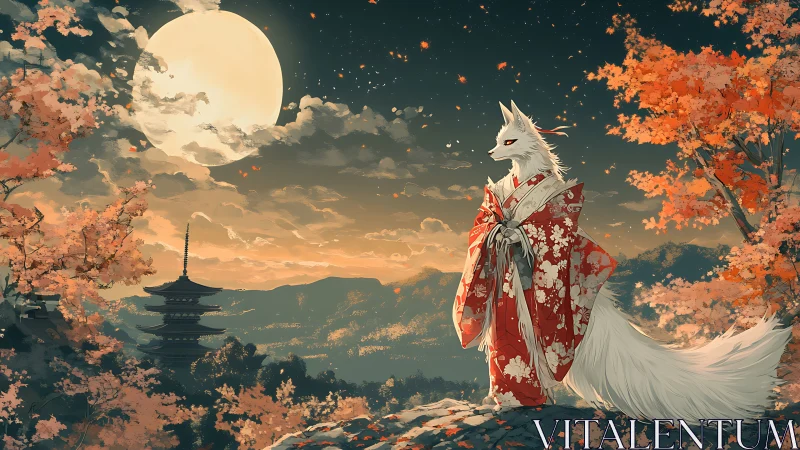 Moonlit kitsune guardian in crimson kimono over valley.