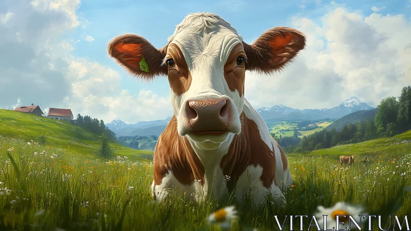 Curious meadow cow greeting you in a bright alpine field.