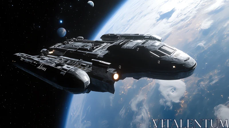 Large black spacecraft in Earth orbit with visible storms.