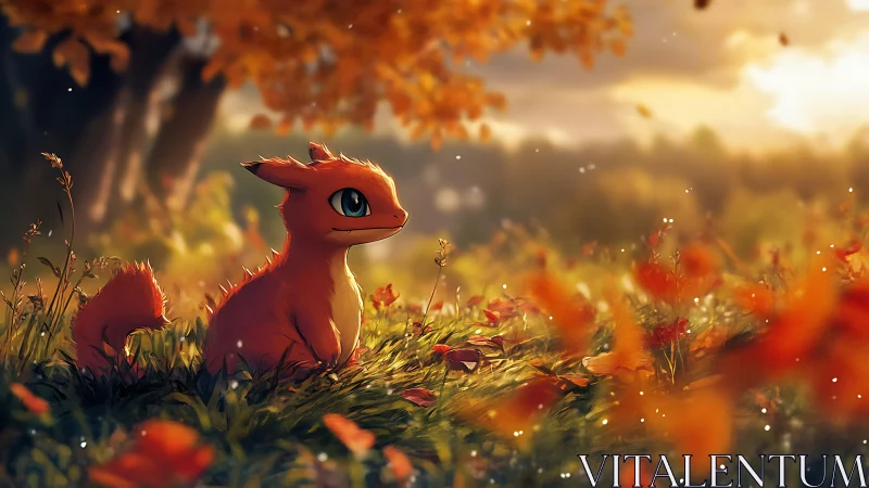 Cute orange creature in glowing autumn forest meadow.