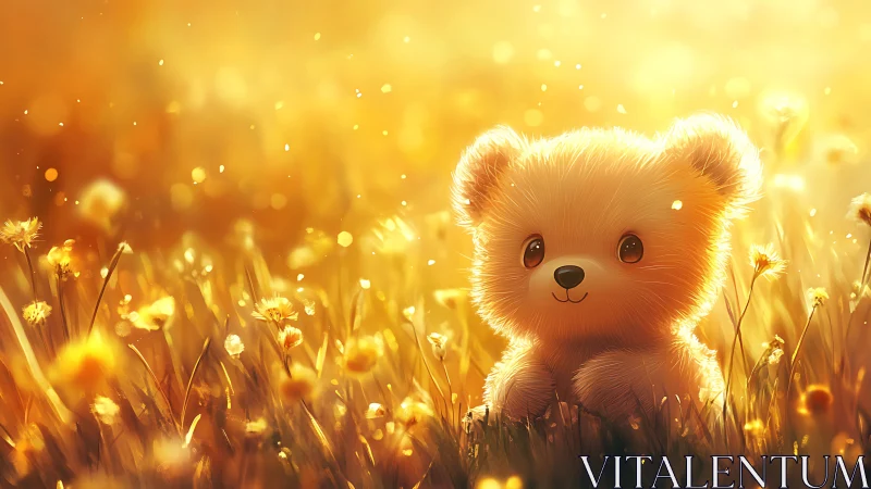 Golden meadow teddy bear under dreamy sunset glow.