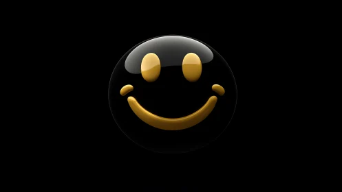 Glossy black 3D smiley sphere glows on a deep void background