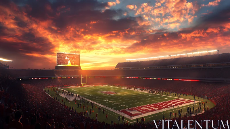 Sunset-lit football stadium with packed crowd and big screen.