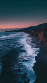 Twilight surf along dramatic coastline with neon dusk glow.