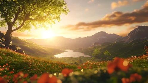Sunlit valley lake framed by wildflower meadow at dawn.