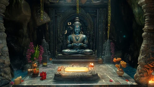 Blue stone deity statue anchors luminous cave shrine.
