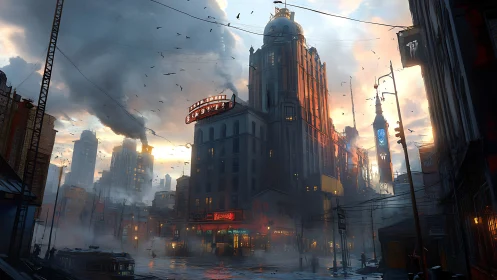 Sunlit towers rising over a misty, buzzing city street.