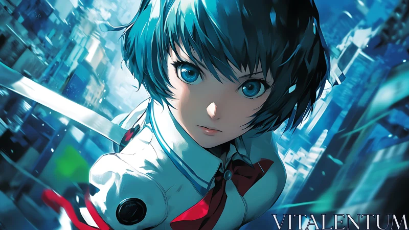 Dynamic blue haired anime heroine in tilted urban skyline