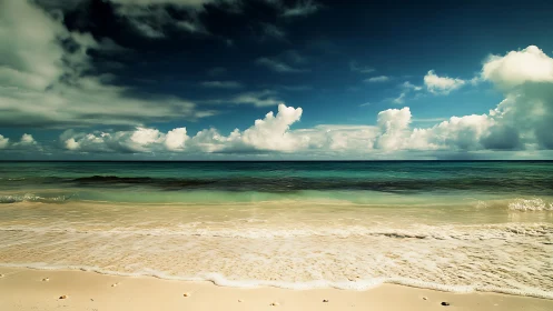 Photorealistic shoreline panorama with dramatic cloud bands.