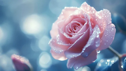 Dewdrop-Covered Pink Rose Against Soft Blue Background