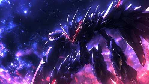 Armored dark mecha looms over glowing cosmic nebula field