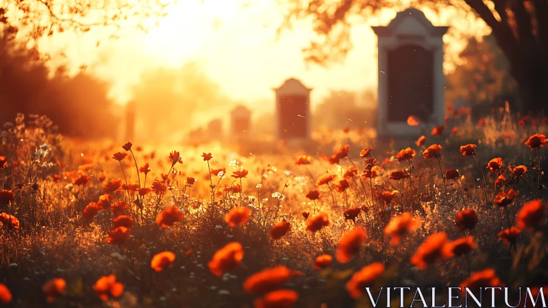 Sunlit poppy graves whispering in an amber farewell glow.