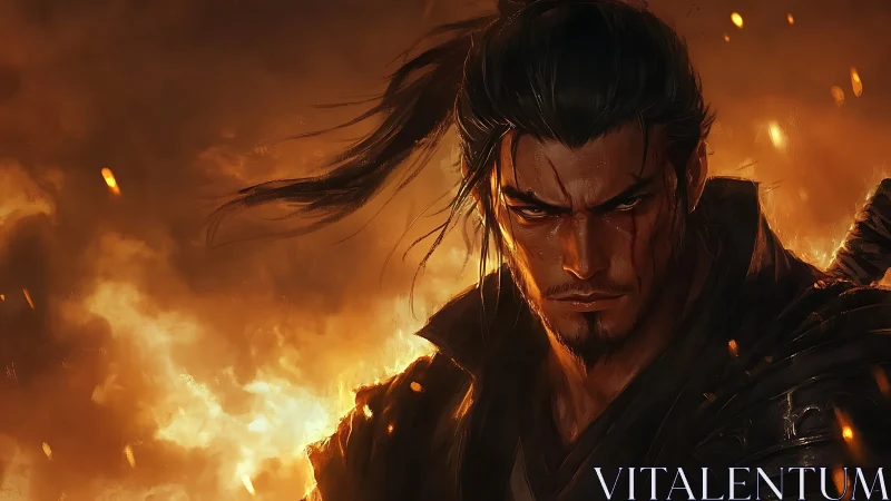 Battle-scarred samurai stands before roaring inferno backdrop.