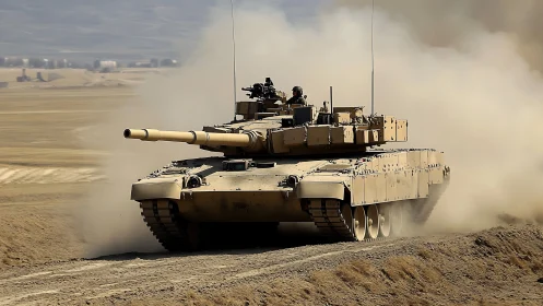 Desert battle tank advances through dust on rugged track